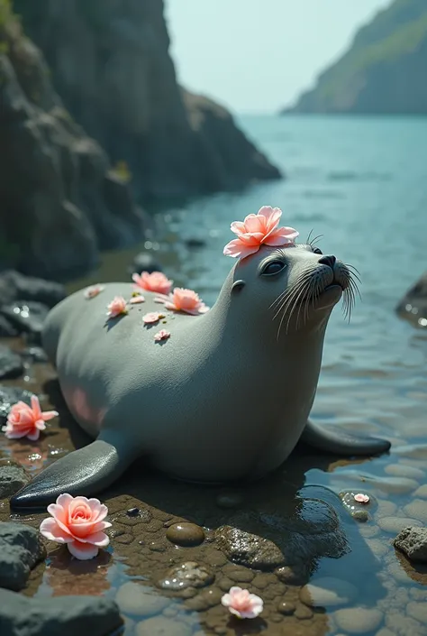 Animal seal with several pebbles and rose on the body in the sea 