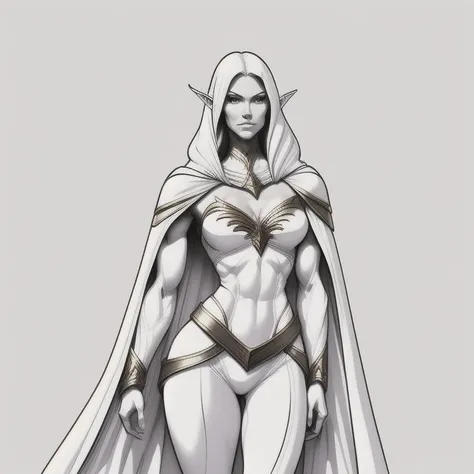  extremely long hair perfect anatomy a tall curvy solo girl ((Muscular))  toned tall elf body , chest plate, cape, ((Slender abdomen )),  hourglass waist ,( white background:1.5),clean linear drawing,