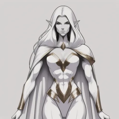  extremely long hair perfect anatomy a tall curvy solo girl ((Muscular))  toned tall elf body , chest plate, cape, ((Slender abdomen )),  hourglass waist ,( white background:1.5),clean linear drawing,