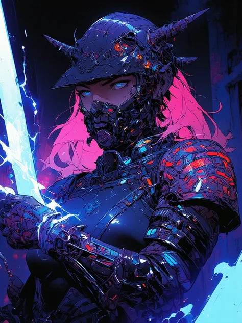   very detailed,   high quality,   high resolution, 4K.16k,   A beautiful ninja who looks like a metallic cyborg humanoid model with long pink hair 、 Beautifully Decorated Black Armor with Metallic Light Reflections ,Blue Lightning Neon Thunder  、Machine, ...