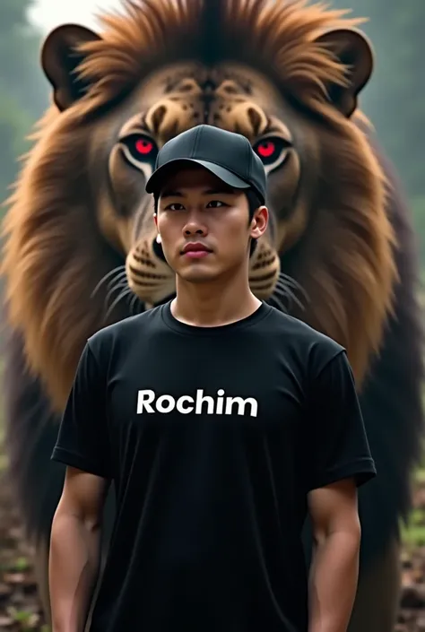 A handsome Korean man wearing a black baseball cap with a black t-shirt reading "Rochim ",  is standing full body behind the man there is a giant lion with red eyes and spooky looking like he is about to pounce