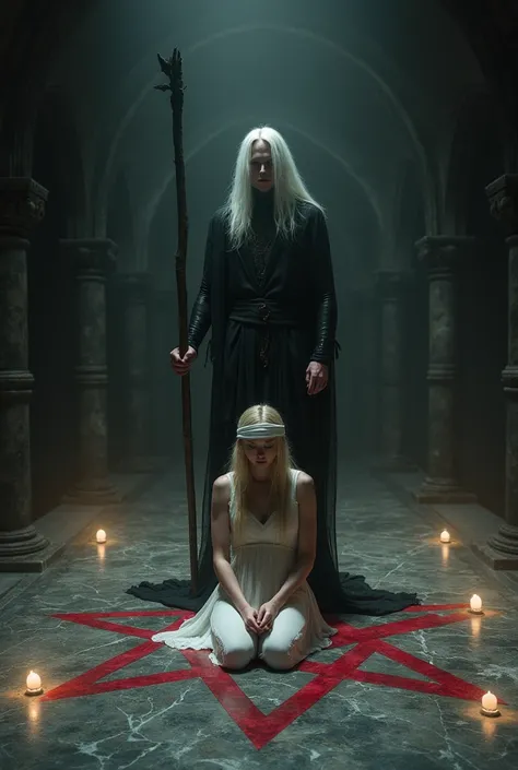 Dark marble hall. Pentagram drawn in blood. Lighted candles in the corners of the pentagram. In the center of the drawing, a woman in a white dress sits on her knees, blindfolded and with light hair. A tall, pale young man with long, snow-white hair towers...