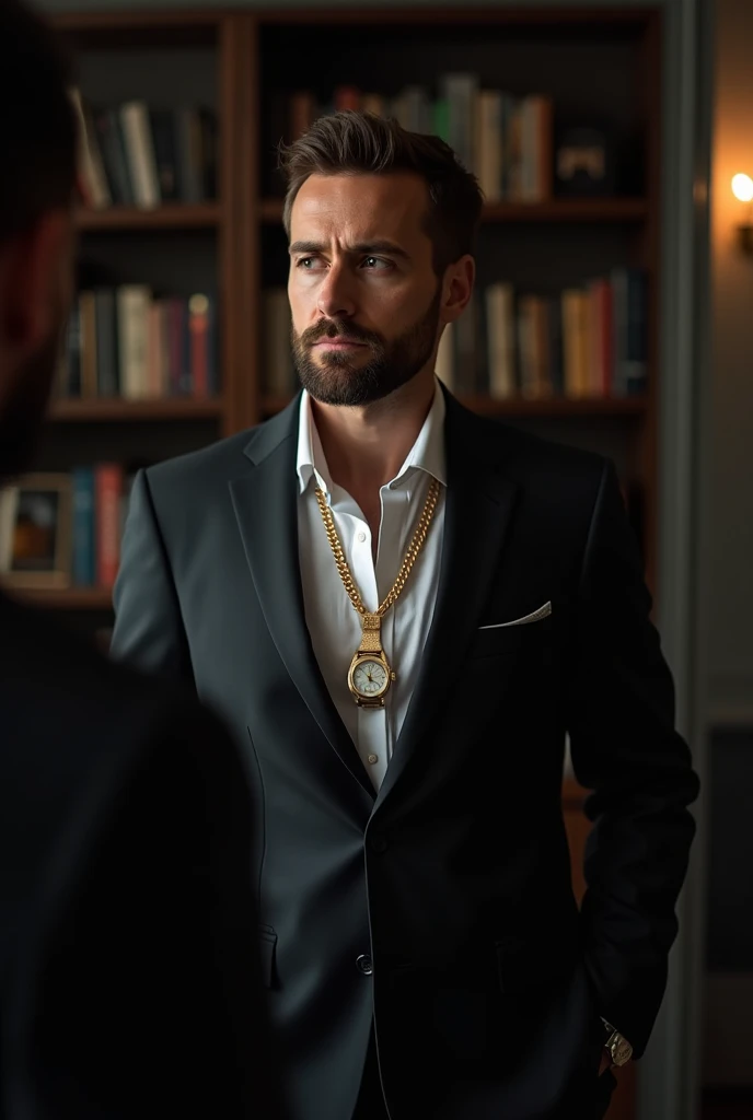  of a successful and wealthy professional businessman who is confident seeing his reflection in the mirror, mais nesse reflexo Behind him está tudo preto e ele está triste e solitario  Ele está vestido com um, tailored suit,  exuding success and profession...