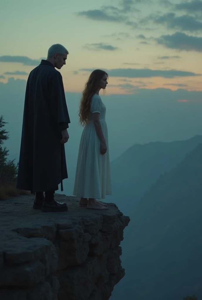 On the edge of a cliff in the twilight stands a young woman in a white dress with light brown hair. In front of her is a pale, tall young man with Long gray hair and yellow eyes. Dressed in a black robe. The man pushes her over the edge. Camera from behind...