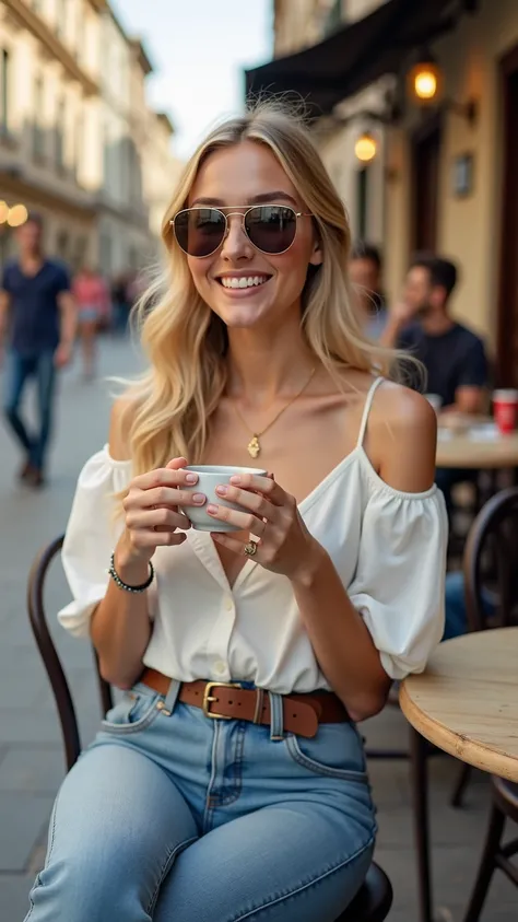 A young, beautiful blonde woman with fair skin, sitting at an outdoor café on a sunny day. She’s wearing a stylish, casual outfit—high-waisted jeans, a chic white blouse, and sunglasses. She holds a cup of coffee with a relaxed, friendly smile. The backgro...