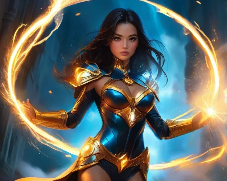 - Photorealistic with perfect details, Cinematic, Masterpiece, HD, Sexy CGI.

- Beautiful woman "Venezuela", Brownish Black Hair, sparkling eyes, expressive face.

- Wearing a costume ("Full Sexy Armor"), a costume that embodies the form of "Wizard Shazam-...