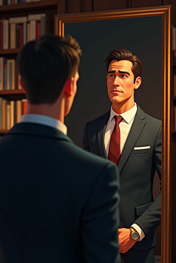 Pixar style: draw a picture of a successful and wealthy, confident professional businessman seeing his reflection in the mirror, mais nesse reflexo Behind him está tudo preto e ele está triste e solitario  Ele está vestido com um, tailored suit,  exuding s...