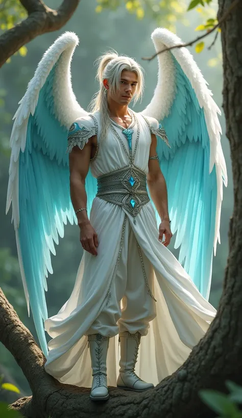 Photorealism, a realistic and handsome male fae with brown skin, with light Grey hair and light blue eyes with huge light blue wings, standing on a tree in forest, long hair, ponytail wearing white royal outfit and white boots High Resolution, High Resolut...