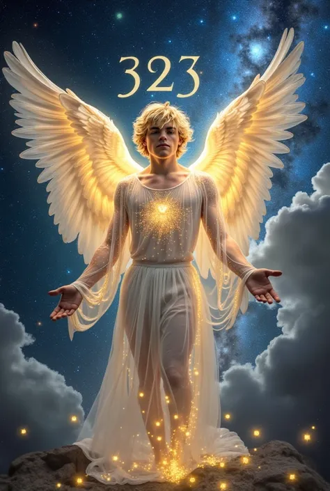 An artistic painting of Ross Lynch as an angel, fully dressed, seamlessly merged with the cosmos, his form dissolving into stars, galaxies, and nebulae. His body is intertwined with divine consciousness, glowing with radiant energy, embodying the universe’...