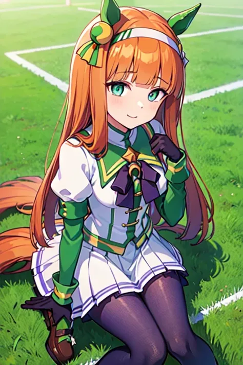 best quality,1girl,silence suzuka (umamusume),horse girl,horse ears,horse tail,orange hair,green eyes,long hair,ear covers,hairband,black gloves,black bowtie,layered sleeves,purple pantyhose,asymmetrical footwear,solo,on grass, outdoors,light smile