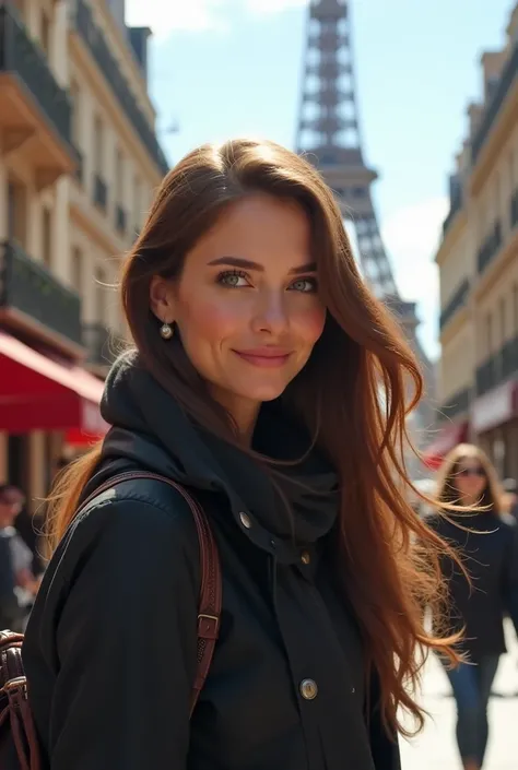 30-year-old young woman traveling on vacation to paris diferent atractions wears dark clothes she has big blue eyes tex blanza long brown hair with a nice smile 