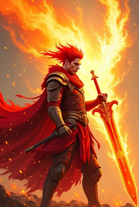 A Man with Red Hair Fire Style, with a Red Cloak and Red armor, Giant Fire Sword, Manga Style Art and PNG Background 