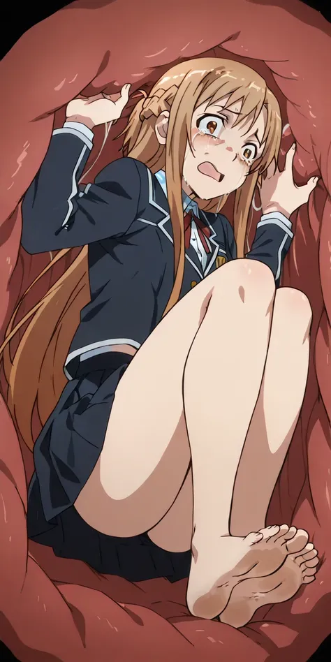 anime screencap, asuna, winter school uniform barefoot, fullbody, sole feet, scared face, open mouth, crying, struggling,
inside a stomach, stomach interior