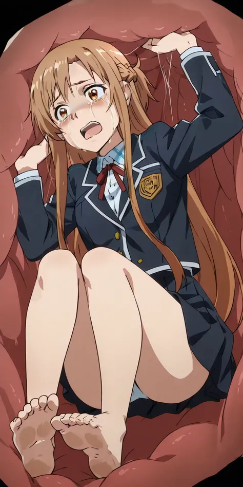 anime screencap, asuna, winter school uniform barefoot, fullbody, sole feet, scared face, open mouth, crying, struggling,
inside a stomach, stomach interior