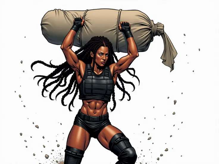 *"A fierce, dark-skinned female wrestler with long, flowing dreadlocks lifts a heavy sack of cement over her shoulders, simulating the weight and impact of slamming an opponent. She wears a black tactical vest, combat shorts, knee-high boots, and fingerles...