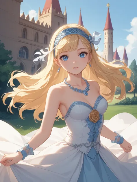 Prompt:**  
" Create an illustration of an enchanting princess in a magical kingdom .  She has long blond hair with a soft fringe that frames her delicate face. Your blue eyes,  deep and shiny ,  reflect the wisdom and kindness of your heart . Your skin is...