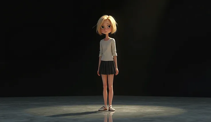 (photorealism:1.2), pixar, beautiful woman, swedish, blonde,sad, pensive, assistant, short pleated skirt, 18yo, mirror floor, black sky,,looking at camera, short hair, full body, pixar