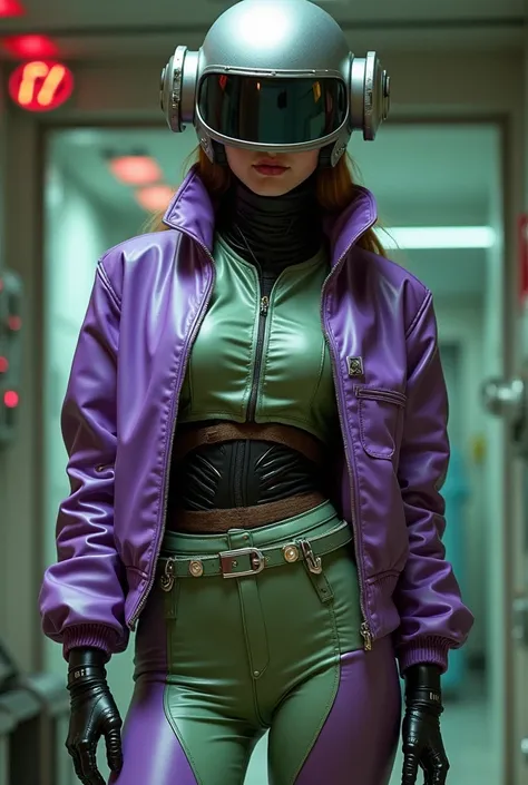  A female figure with a retrofuturistic design ,  humanoid body with visible mechanical limbs and joints .  Wears a synthetic leather bomber jacket in shades of purple and green ,  with tight pants and metal belts .  His face is covered by a metal mask wit...