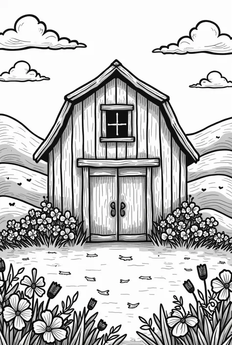 spring ,coloring page, doodle line art,barn