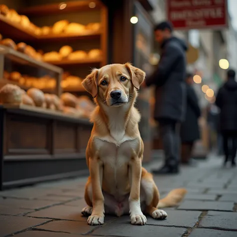 A dog in front of a bakery with lots of juicy and delicious breads with people selling there in a place in the city in the foreground,That the dog is skinny and has a very thin belly like a skinny one and his little bones disappear that how skinny he is 