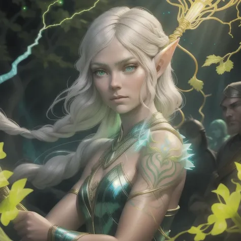 Arya a beautiful elf  ,   with her light golden skin and silver hair  ,  She leads her people in an epic battle  .   Her green eyes shine with determination  ,   and her bioluminescent grapevine tattoo on her left arm shines in the middle of the battle.   ...