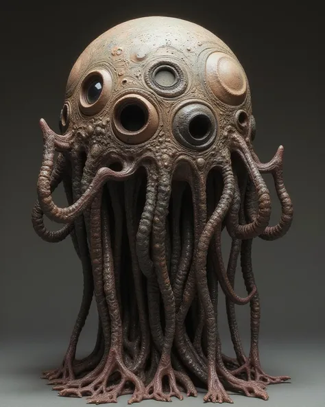 Please generate an image that imaged a sculpture with the Lovecraft story as a motif、 have 、Multiple giant eyes 、 spooky many-legged tentacles on what appears to be a face、Please apply a pattern inspired by Jomon pottery to the surface of the body。