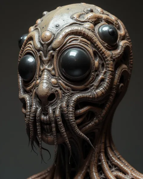 Please generate an image that imaged a sculpture with the Lovecraft story as a motif、 have 、Multiple giant eyes 、 spooky many-legged tentacles on what appears to be a face、Please apply a pattern inspired by Jomon pottery to the surface of the body。