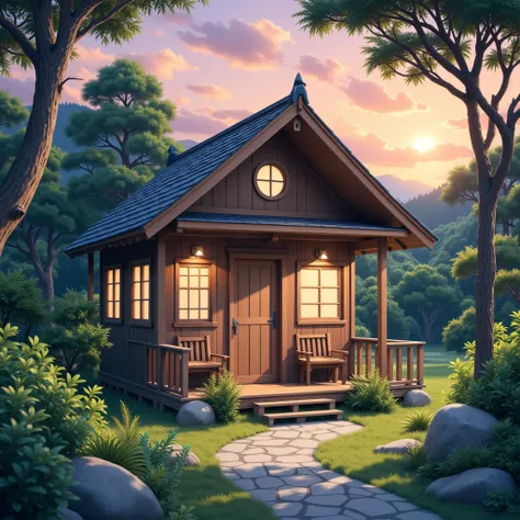 a serene japanese countryside wooden cabin in a forest at sunset, soft pastel anime aesthetic, detailed wooden architecture, beautiful landscape, warm lighting, peaceful ambiance, lush greenery, detailed foliage, idyllic setting, tranquil atmosphere, beaut...