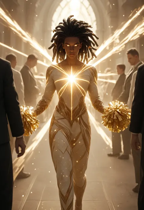 A faceless man with radiant star skin and dreadlocks wearing a suit with geometric patterns, his arms out starch hand poms open, walking forward through a uenvers, cinematic glowing long dread lock hair, glowing face