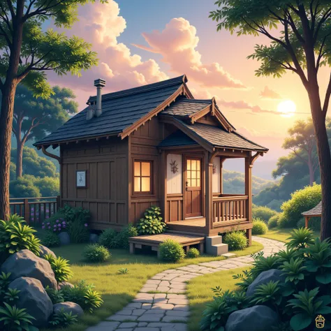 a serene japanese countryside wooden cabin in a forest at sunset, soft pastel anime aesthetic, detailed wooden architecture, beautiful landscape, warm lighting, peaceful ambiance, lush greenery, detailed foliage, idyllic setting, tranquil atmosphere, beaut...