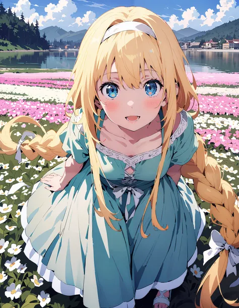 Alicesburg,  Alice Sberg , Alone,bangs,  blue eyes,   blond hair,  smile,blush, open your mouth, hair between eyes, Very long braids,  single braided , headband, white  headband,yellow off-the-shoulder dress,Medium breast, white long skirt, cute heeled san...