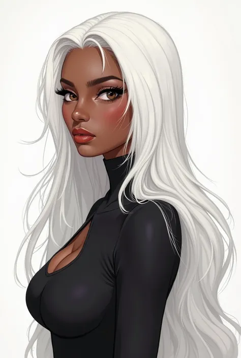 a drawing of a woman with long white hair and a black top, a character portrait inspired by Charlie Bowater, tumblr, afrofuturism, black anime manga girl, white haired, girl with white hair, her hair is white, perfect white haired girl, white beautiful hai...