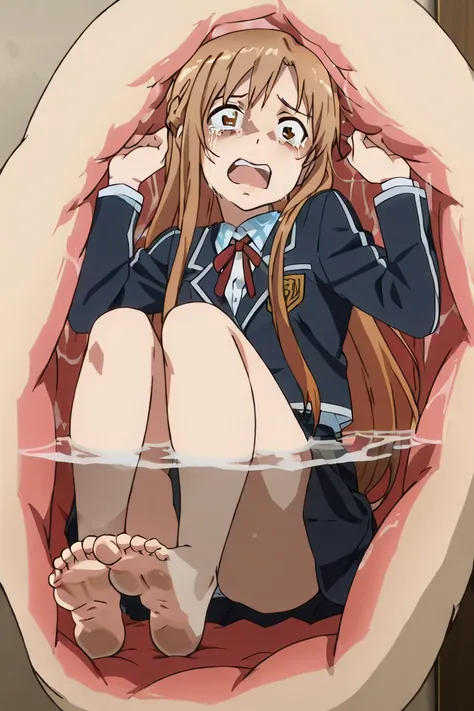 anime screencap, asuna, winter school uniform barefoot, fullbody, sole feet, scared face, open mouth, crying, struggling,
inside a stomach, stomach interior