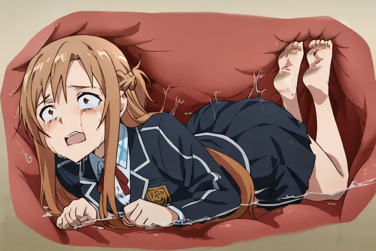 anime screencap, asuna, winter school uniform barefoot, fullbody, sole feet, scared face, open mouth, crying, struggling,
inside a stomach, stomach interior