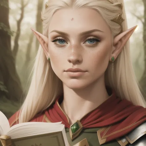 beautiful woman,  elf ear,katyasitak , skin cover, armors, (close up, portrait photo), female elf,( alone), Reading head  , freckles,  realistic,  Depth of Field  