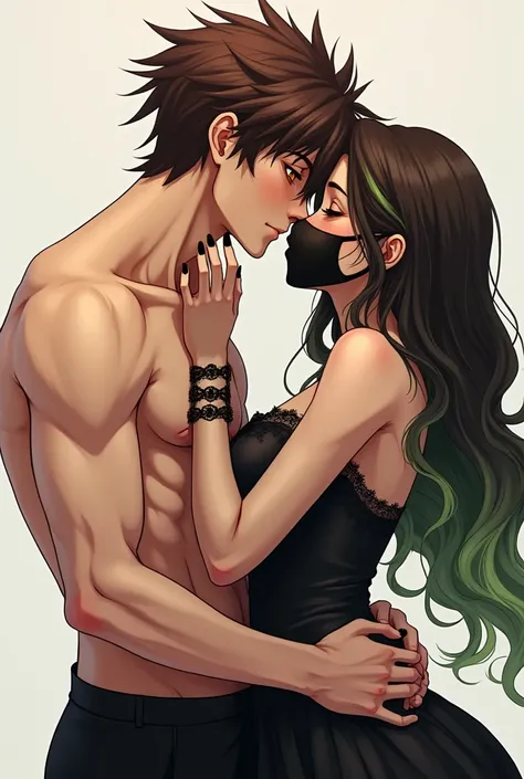  A passionate anime-style couple where the boy has his arms around the girl's waist he has brown hair, orange eyes, is without clothes,  well-defined muscles, Shinobi's black calsa,  and a mask on the lower part of her face the girl is mature , She doesn't...