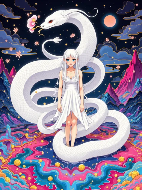 White snake, 1girl, Psychedelic Abstract Art, puzzling, melt, Bright colors, Michael DeForge (Michael Deforge) Inspired by Pop Art, Mumford, tumblr, Psychedelic Art, Psychedelic illustration, Psychedelic Trip, Psychedelic Trip, retro Psychedelic illustrati...