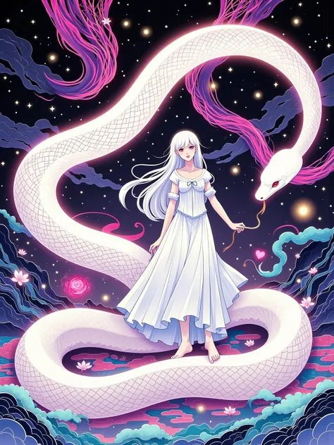 White snake, 1girl, Psychedelic Abstract Art, puzzling, melt, Bright colors, Michael DeForge (Michael Deforge) Inspired by Pop Art, Mumford, tumblr, Psychedelic Art, Psychedelic illustration, Psychedelic Trip, Psychedelic Trip, retro Psychedelic illustrati...