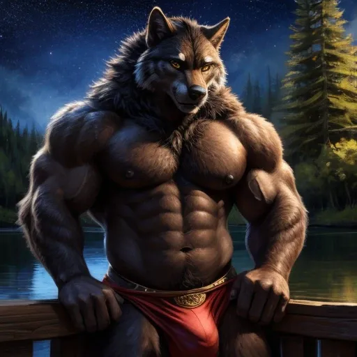  alone, werewolf,  full wolf body , black body, black hair, chest hair, Erect ears,  yellow eyes , very detailed,  Height: 2,55m, Weight: 250kg ,  using a tribal cloth on the private parts,  detailed groin , Groin contour,  Large Bulge, male face,  large, ...