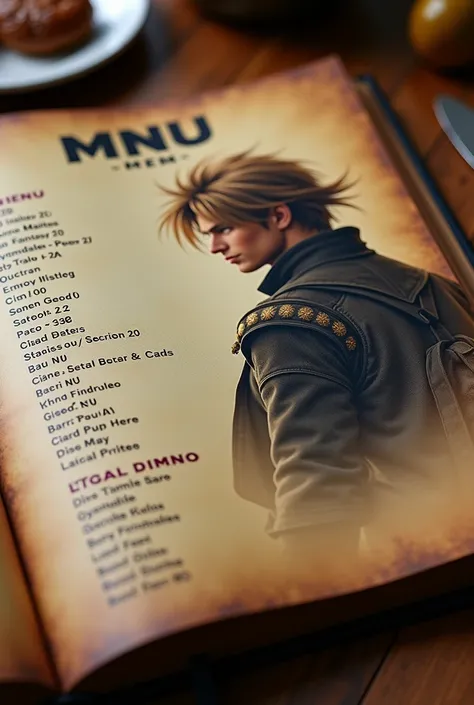 a close up of a menu with a photo of a man, !!!!!!!!!!!!!!!!!!!!!!!!!, very detailed, exploitable image, Gigas, protal, nostalgia,  octane performance, CFG  = 3,  final fantasy , 32k, 3 2 k  , Firenado, reyezuelo listado, Swallows