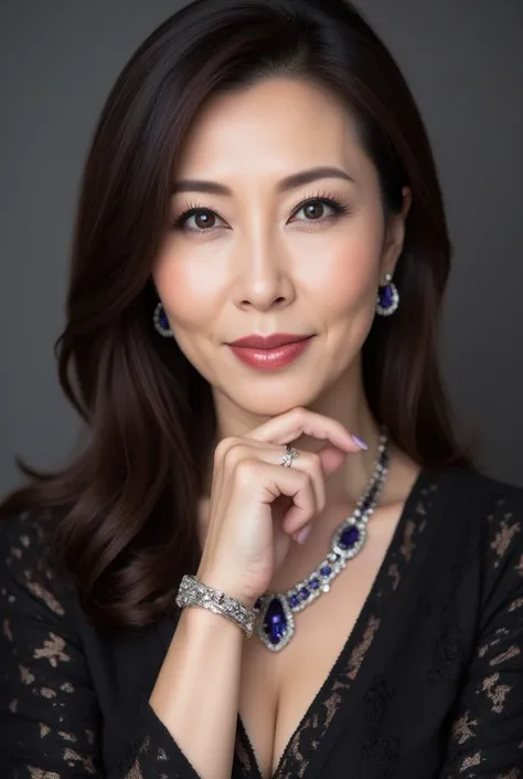 (Mature Woman, 48 years old,  Japanese,  Masterpiece,  top quality,  high resolution, Realistic:1.37,  sharp focus:1.4,  Unmatched Beauty , Ultimate beauty),  close-up, Fine laugh lines:1.2,  flashy and dark makeup,  Deep Purple Eye Shadow,  Brilliant Dark...