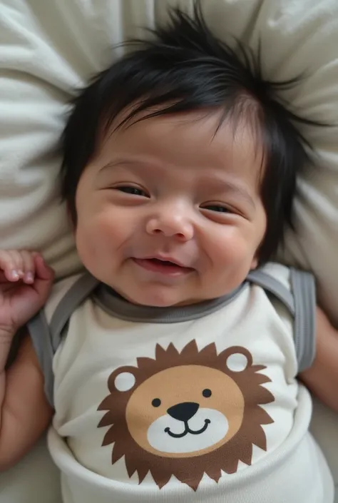 Efeito olho de peixe,Create image of Newborn of 0 days, straight black hair, brown eyes and light skin, dirty from birth, wearing a light gray/white sleeveless bodysuit with a lion bear design,smile,next to lying on the big spacious bed a Apparently the tw...