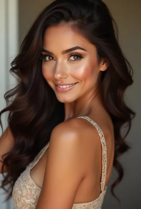  Create a brunette Latina woman with a beautiful hairstyle that wears elegant makeup. Pretty brown eyes ,  beautiful smile ,  May you be very beautiful in your face and body  