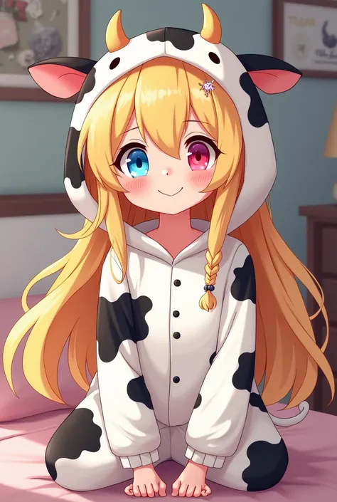 a ,with blonde hair. one blue eye and the other red, wearing a cow suit as pajamas,that is sitting,Make it a 2D anime