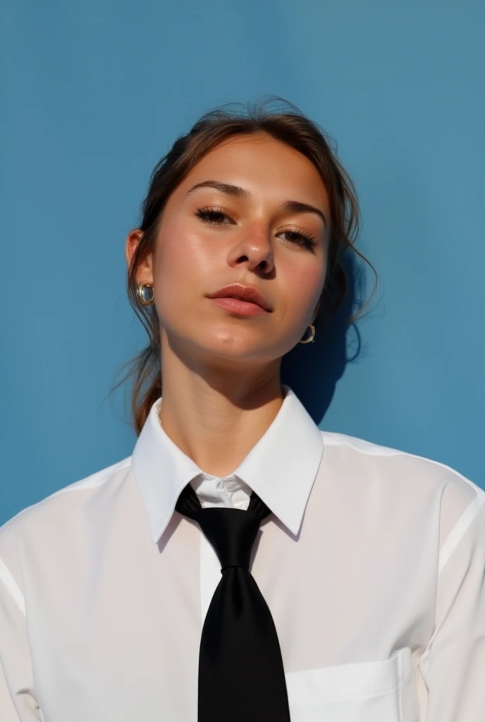 portrait of a young woman (from the chest up), with a uniform background that varies between blue and white, suggesting a direct illumination that seems to come from the front or slightly from the side. The subject is dressed in a white shirt and a loosene...