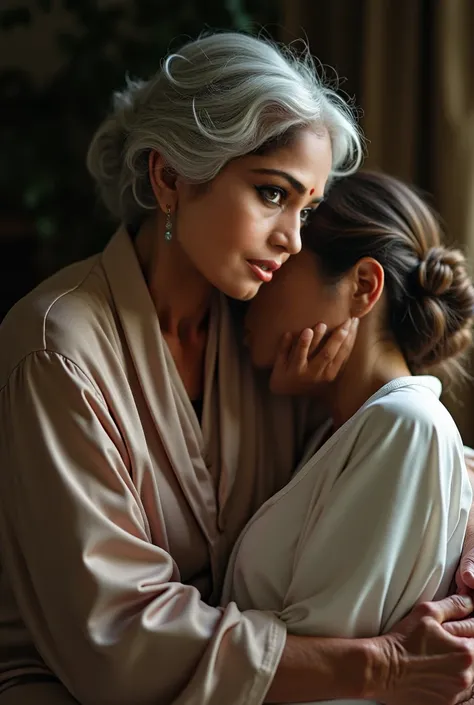 This old woman, dressed in a long satin robe, sits in a chair and hugs a short, white young woman tightly to sleep. The young woman sleeps soundly, snuggled against the old woman's chest.