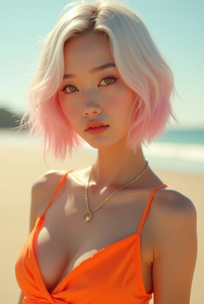 ( Realistic Photos:1.2), Beautiful Asian woman with bob white &pink  hair, beautiful figure  big eyes wearing orange tank top
Beach blackground