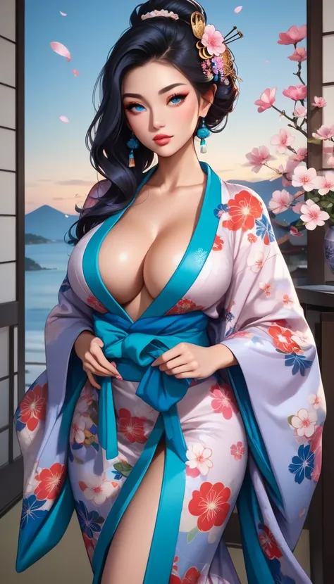 score_9, score_8_up, score_7_up, 1girl, Ultra cute, ultra sexy, ultra feminine, ultra curvy, ultra bouncy, perfect eyes, perfect face, large breasts, ((Busty Bitches)), Osaka, plunging cleavage, geisha make-up, flower kimono, Masterpiece, Best Quality , Du...