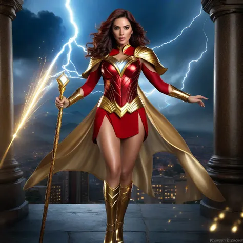 - Photorealistic with perfect details, Cinematic, Masterpiece, HD, Sexy CGI.

- Beautiful woman "Venezuela", Brownish Black Hair, sparkling eyes, expressive face.

- Wearing a costume ("Full Sexy Armor"), a costume that embodies the form of "Wizard Shazam-...