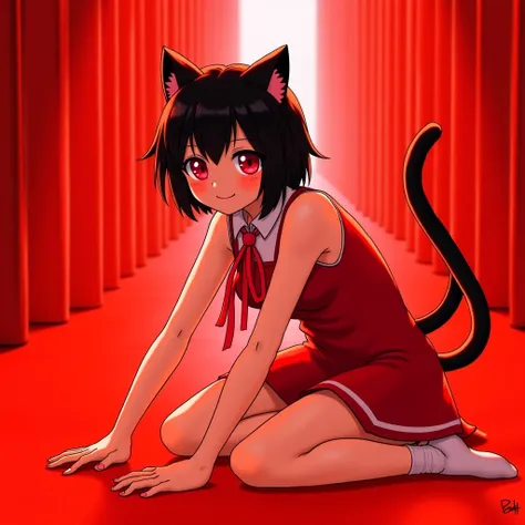 1 cat girl, ruby eyes, cat tail, cat ears, short hair, black hair, (light smile:0.9), (parted lips:0.9), cute, kunoichi, sleeveless, sideless, side-tie, sideboob, big red ribbon, thighs, open legs, hand on ground, shushing, knee on ground, leaning forward,...